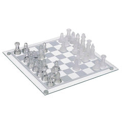 TRADITIONAL 32 PIECE GLASS FROSTED CLEAR CHESS BOARD SET GAME FUN CHESSBOARD