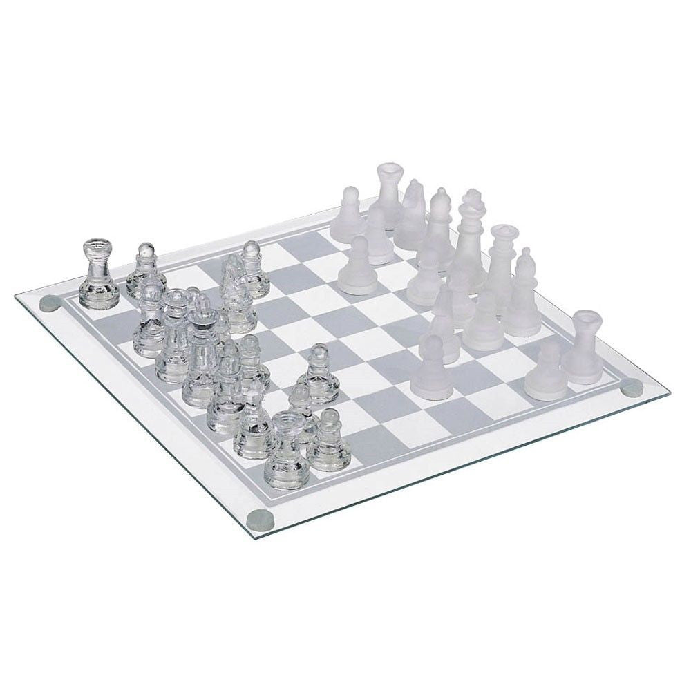 TRADITIONAL 32 PIECE GLASS FROSTED CLEAR CHESS BOARD SET GAME FUN CHESSBOARD