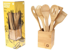6 PIECE WOODEN BAMBOO ANTI BACTERIAL COOKING UTENSILS KIT WITH BAMBOO HOLDER