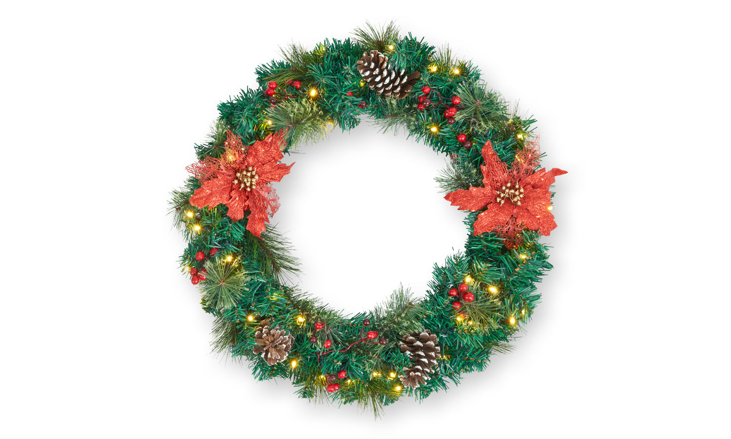 Pre Lit LED Christmas Wreath With Poinsetta's